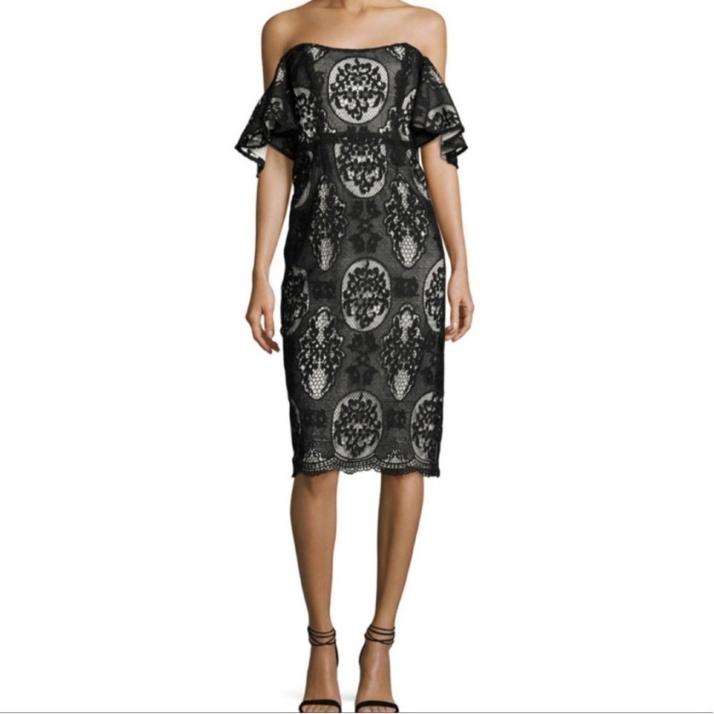 Mestiza New York Hawley Off-the-Shoulder Baroque Lace Cocktail Dress, Black - 8